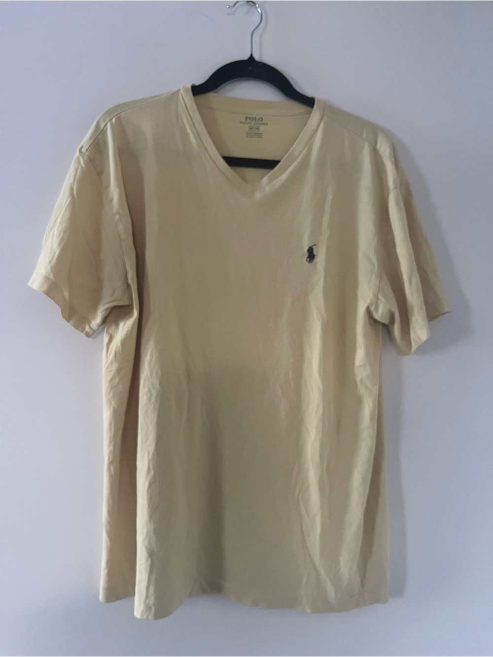 Polo Ralph Lauren Mens Medium Yellow V Neck T Shirt Cotton Little Pony Preppy